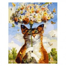 Картина по номерам "Котик с зонтиком из цветов"