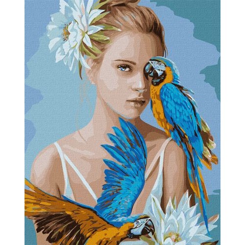 Картина по номерам "Девушка с голубыми попугаями"★★★★ (Ідейка)