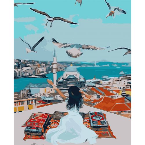 Картина по номерах 0072 ОРТ кол. Дівчинка, чайки, море в Стамбулі 40*50 (MiC)