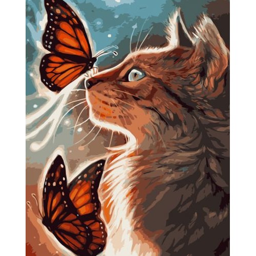 Картина по номерам "Кот с бабочками" ★★★★ (Strateg)