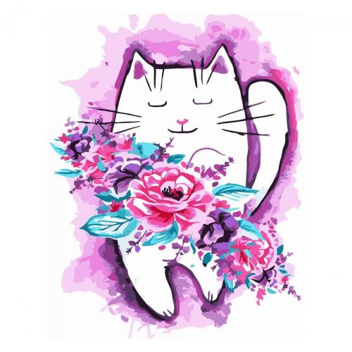 Картина за номерами "Акварельний котик з квітами" 30х40 см (Strateg)
