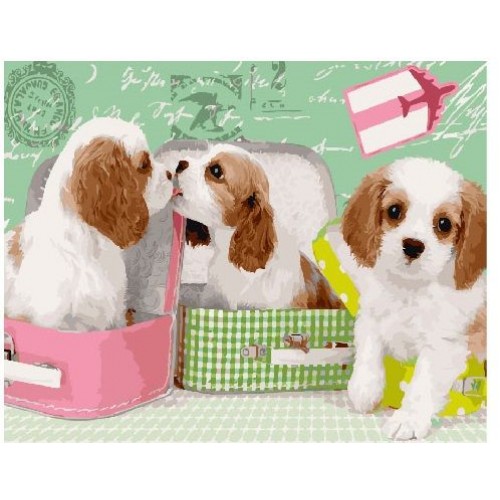 Картина по номерам "Милые щеночки в чемоданах" ★★★★ (Brushme)