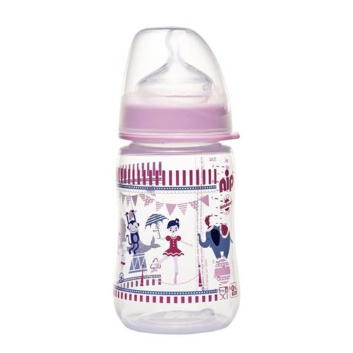 Бутылочка для кормления "Цирк", 260 мл (розовая) (Nip)