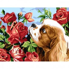 Картина по номерам с лаком "Собака в цветах"