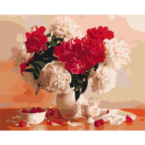 Картина по номерам "Красно-белые пионы и вишни" ★★★ (Brushme)
