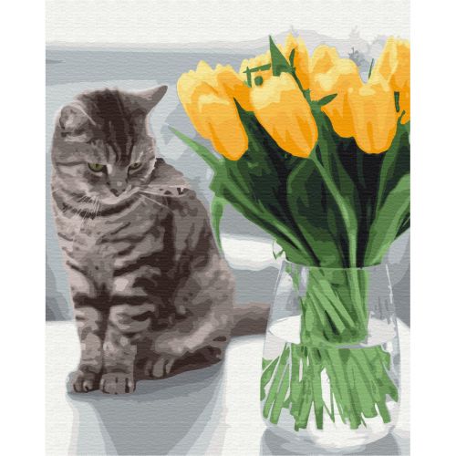 Картина по номерам "Котик с тюльпанами" ★★★ (Brushme)