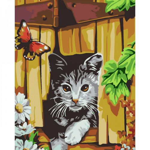 Картина за номерами "Котик і метелик біля паркану" 30х40 см (MiC)