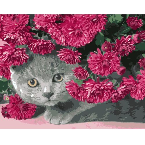 Картина по номерам "Серый кот в цветах" ★★★★ (Strateg)
