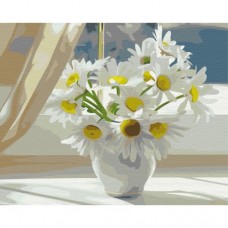Картина по номерам "Ромашки в белой вазе на окне" ★★★