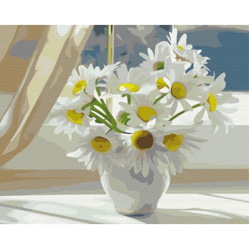 Картина по номерам "Ромашки в белой вазе на окне" ★★★ (Brushme)