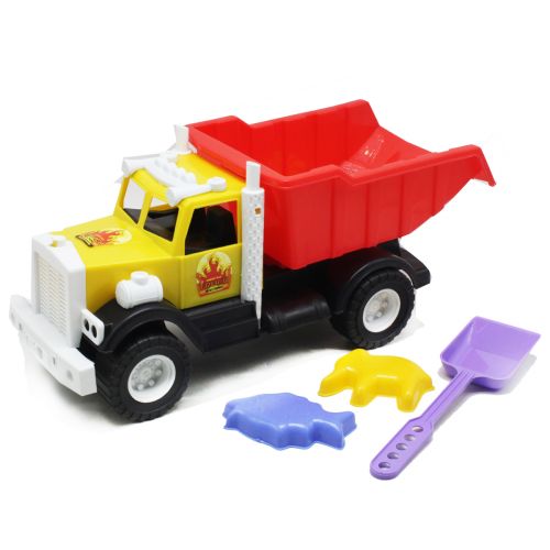 Вантажівка інерційна з лопаткою і формочками жовтий+червоний (Kinderway)