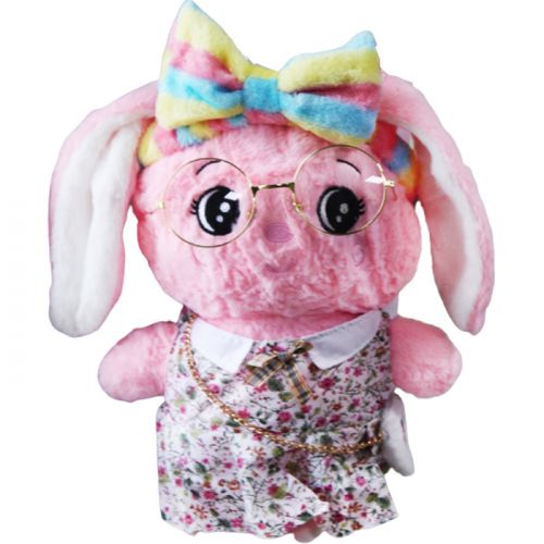 Мягкая игрушка заяц розовый в белом платье с очками (Shantou Jinxing Plastics)