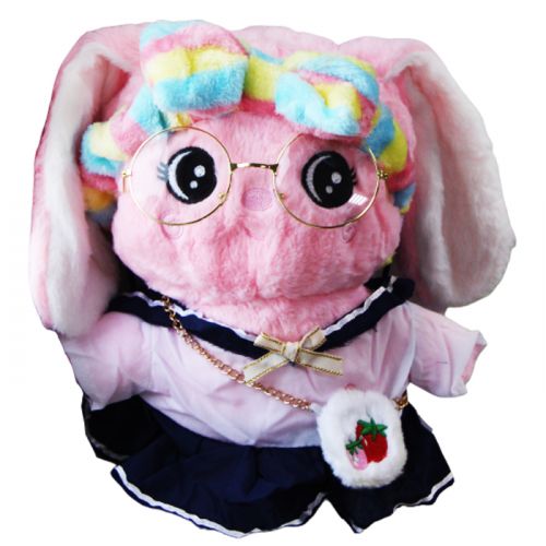 Мягкая игрушка заяц розовый в синем платье (Shantou Jinxing Plastics)
