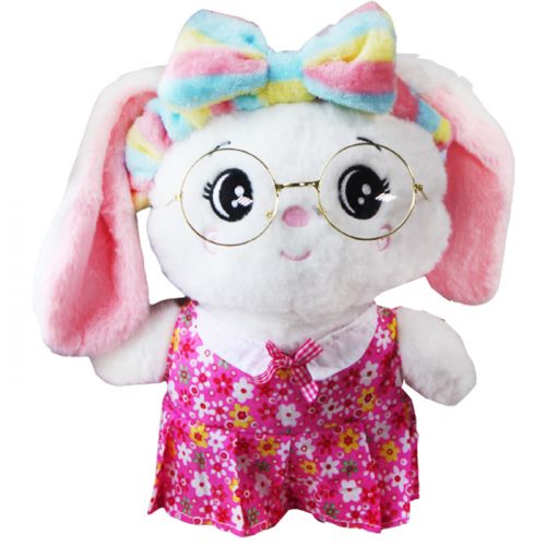 Мягкая игрушка заяц белый в розовом платье с очками (Shantou Jinxing Plastics)