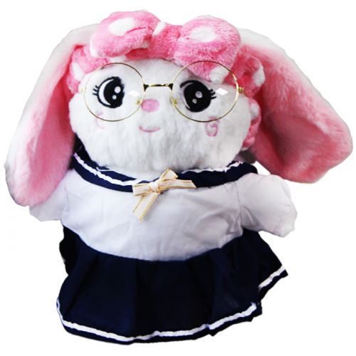 Мягкая игрушка заяц белый в синем платье с очками (Shantou Jinxing Plastics)