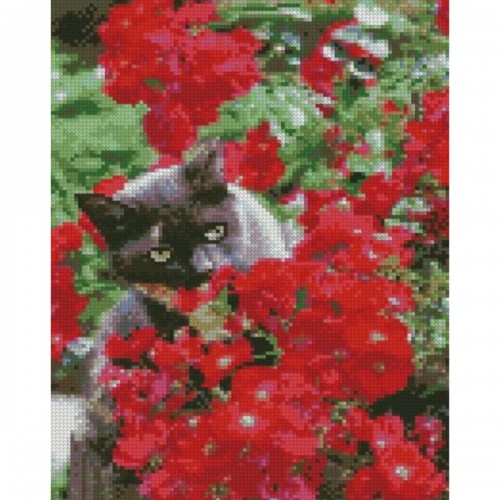 Алмазна мозаїка "Котик у червоних квітах" 30х40 см (Strateg)