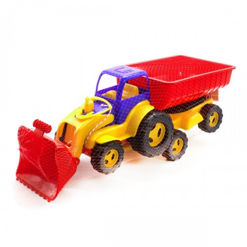 Трактор с ковшом и прицепом сине-красный