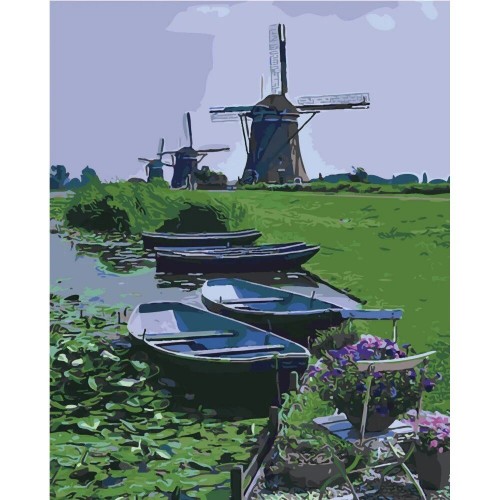 Картина по номерам "Лодки на фоне мельницы" (Strateg)