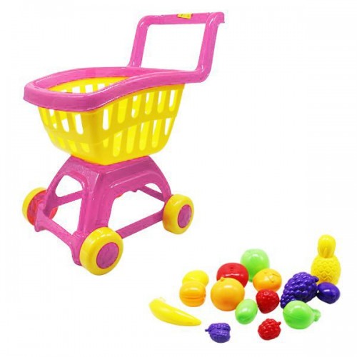 Іграшка дитяча Вiзочок з фруктами жовта з розовою ручкою (MiC)