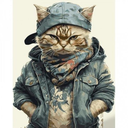 Картина по номерам "Кот в джинсовке" ★★★★ (Strateg)