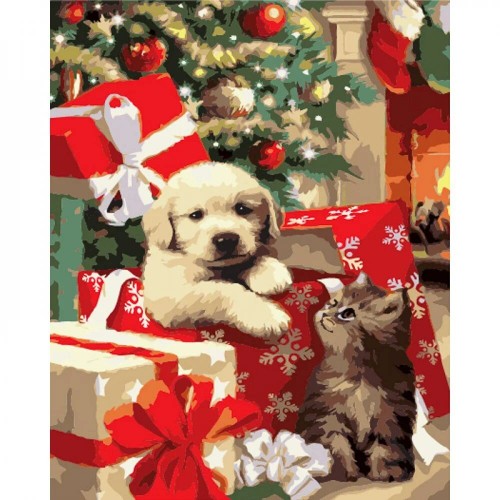 Картина по номерам "Новогодний щеночек" ★★★★★ (Strateg)