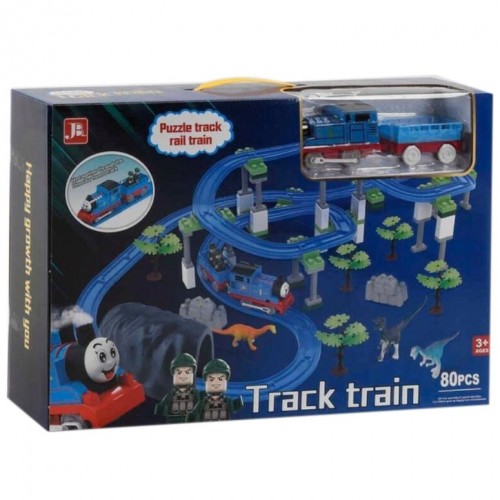 Залізниця 599-28 A на батарейках, 80 деталей, локомотив, вагон, 2 фігурки, 3 динозаври, декорації, аксесуари, звук, в коробці (JB)