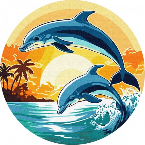 Картина за номерами (кругла) "Грайливі дельфіни" ★★★ (Ідейка)