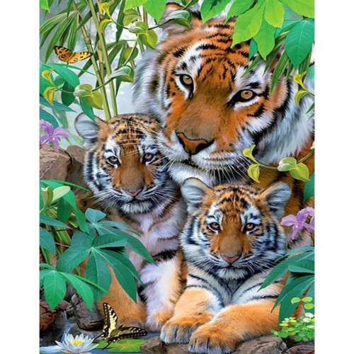 Алмазна мозаїка, на рейках "Тигр с детками" 40х50 см (Strateg)