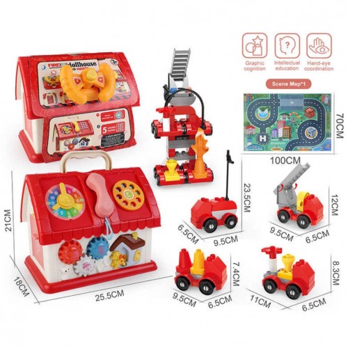 Логический домик "Пожарное отделение", конструктор 58 элементов, пальчиковые игры, руль, телефон, игровой коврик (XangLei Toys)