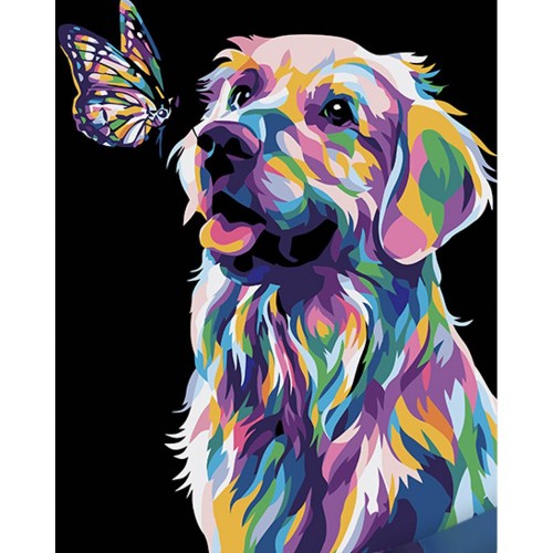 Картина за номерами на чорному фоні "Поп-арт собака з метеликом" 40х50 (Strateg)