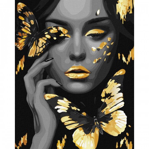 Картина по номерам с красками металлик "Девушка с золотыми бабочками" 40х50 см (Ідейка)