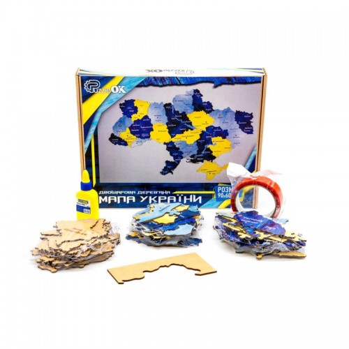 Мапа-пазл України двошарова деревʼяна, настінна, синьо-жовта, 90 х 60 см (PuzzleOk)