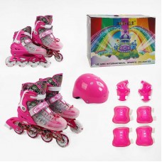 Ролики 9637-76 L размер 39-43 (6) цвет РОЗОВЫЙ, колеса PU, d колес – 6 см, стелька 24 см, подсветка колес, шлем, защита, в коробке