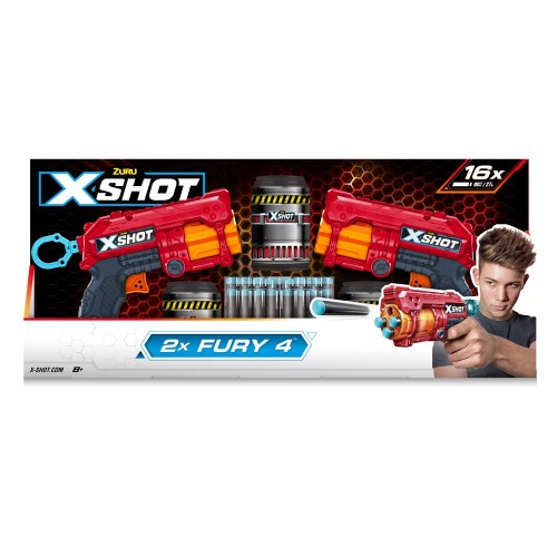 X-Shot Red Быстрострельный бластер Excel Fury 4 2 PK (3 банка, 16 патронов) (ZURU)