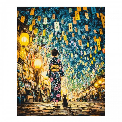 Картина за номерами Японська ніч. Дівчина з котом 40*50 см (Origami)