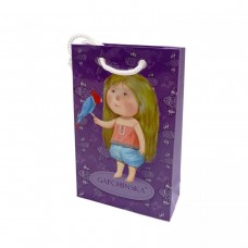 Пакет бумажный 8*12*3.5 ДЕВОЧКА С ПОПУГОЙ-ФИОЛЕТОВОЙ
