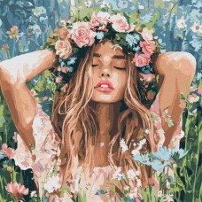 Картина по номерам – Девушка с венчиком в поле 40х40 см.