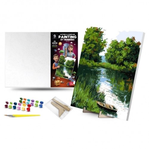 Картина по номерах 40х50 см "Човен на річці"" з деревʼяною підставкою (qbee)