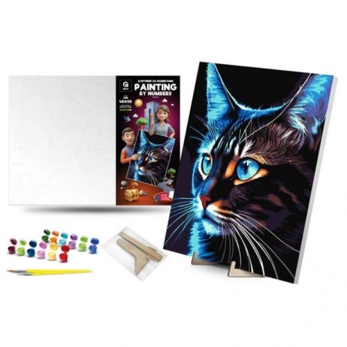 Картина по номерах з фарбами металік 40х50 см "Космо-кіт" з деревʼяною підставкою (qbee)