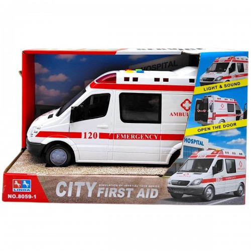 Спецтехніка “Швидка допомога” (машина на батарейках, підсвічування, інерція, відчиняються дверцята, звуки) в коробці (MiC)