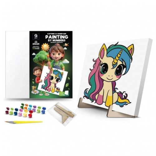 Картина по номерах з фарбами металік "Веселкова Єдиноріжка" (25х25 см) з деревʼяною підставкою (qbee)