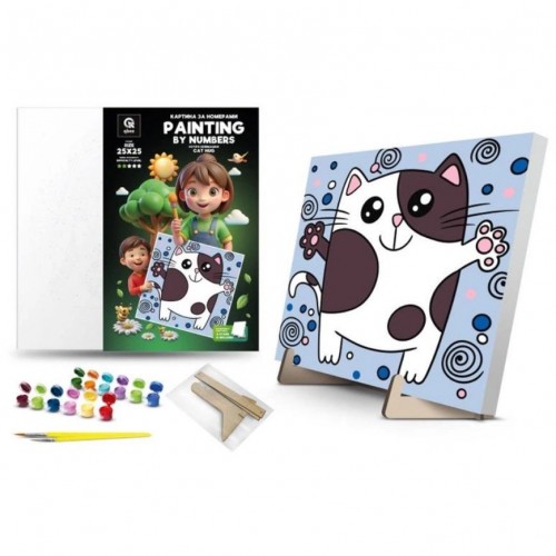 Картина по номерах "Котячі обіймашки" (25х25 см) з деревʼяною підставкою (qbee)