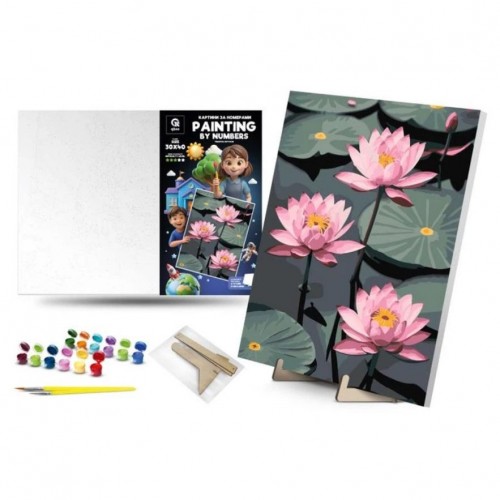 Картина по номерах "Тендітні лотоси" (30х40 см) з деревʼяною підставкою (qbee)