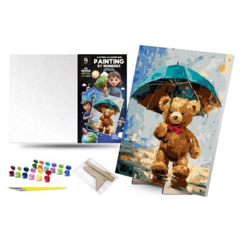 Картина по номерах "Ведмежа і Дощ" (30х40 см) з деревʼяною підставкою (qbee)