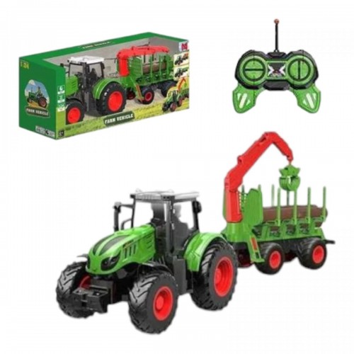 Трактор на радиоуправлении длина 42 см, масштаб 1:24, резиновые шины, подвесное оборудование, прицеп, 3 куска древесины, аккумулятор 3.7 V, пульт управления, в коробке (MiC)