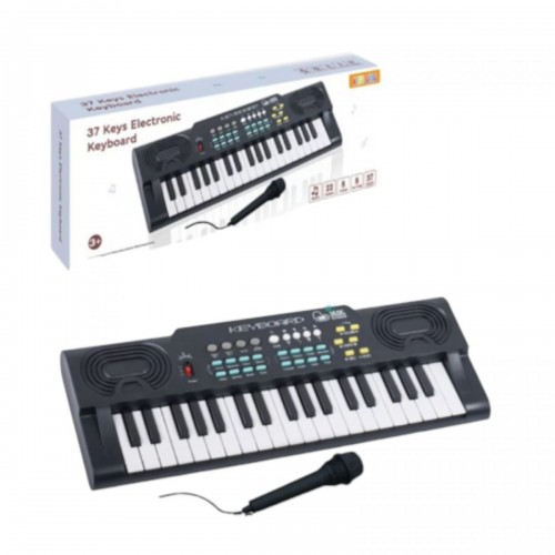 Синтезатор 37 клавіш, мікрофон, працює від мережі або батарейок, звуки тварин та музичних інструментів, мелодії, регулювання гучності, функція запису, в коробці (king)
