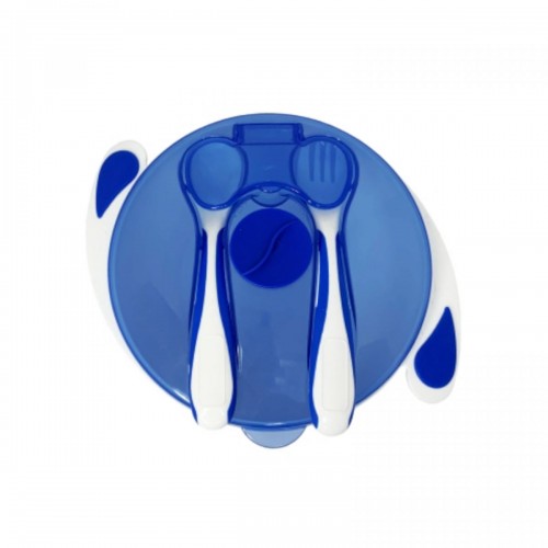Тарелка на присоске с ложкой и вилкой (СИНЯЯ) (Mumlove)