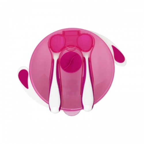 Тарелка на присоске с ложкой и вилкой (МАЛИНОВАЯ) (Mumlove)