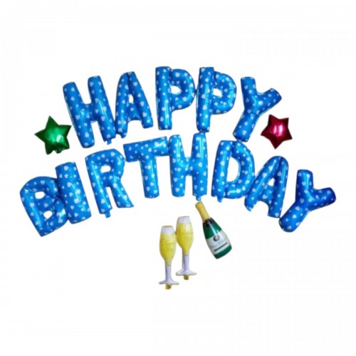 Набор фольгированных воздушных шаров Happy Birthday с бокалами (ГОЛУБОЙ) (MiC)