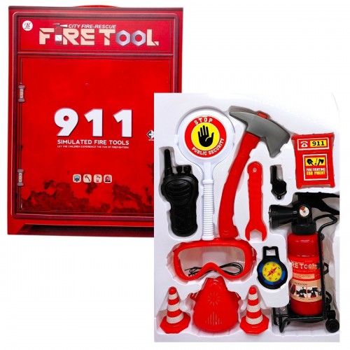 Набір пожежника (вогнегасник із світлом, звуком сирени та парогенерацією, респіратор, компас, рація, свисток, сокира, гайковий ключ) в коробці 40,5х7х30 см (Bai Bang)